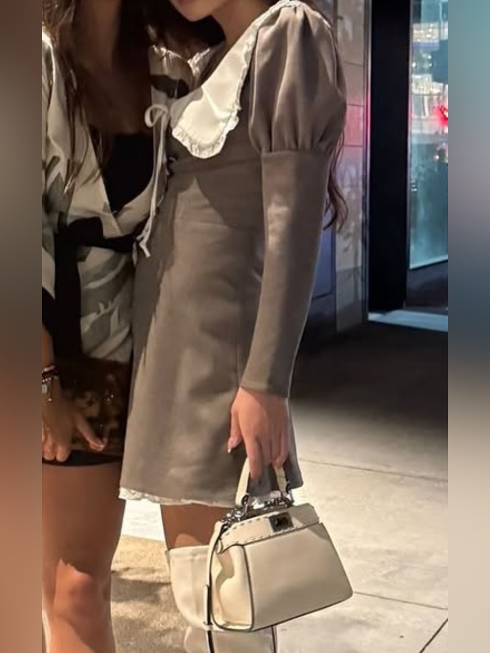 Taupe Mini Dress with White Peter Pan Collar